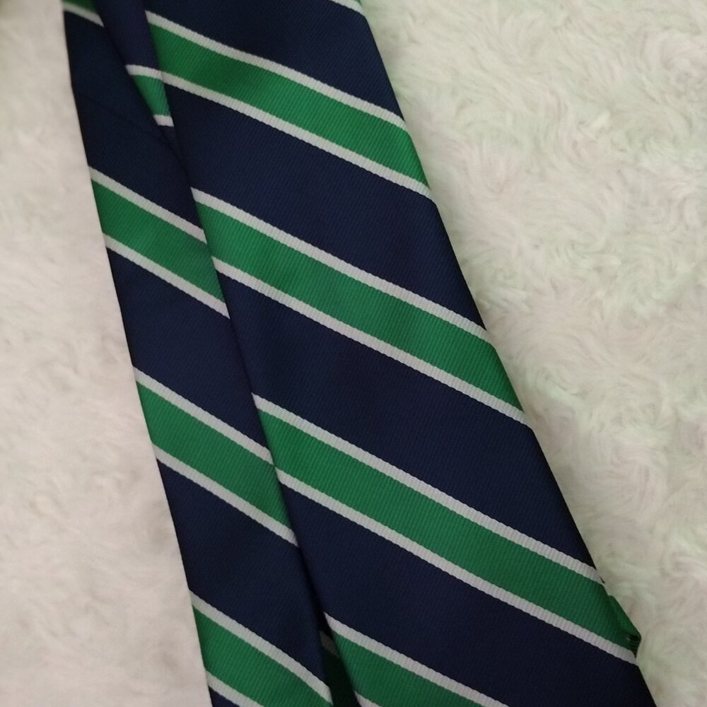 Knottery New York Navy Green Striped Tie Classic Diagonal Stripe Dress Necktie - Picture 8 of 9